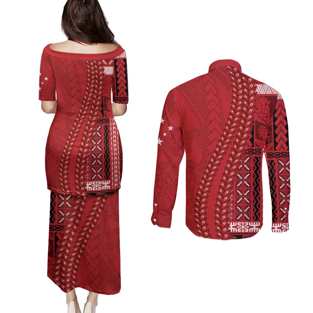 Samoa FAST Siapo Couples Matching Puletasi and Long Sleeve Button Shirt Tatau-Ulafala Vines LT7 - Polynesian Pride