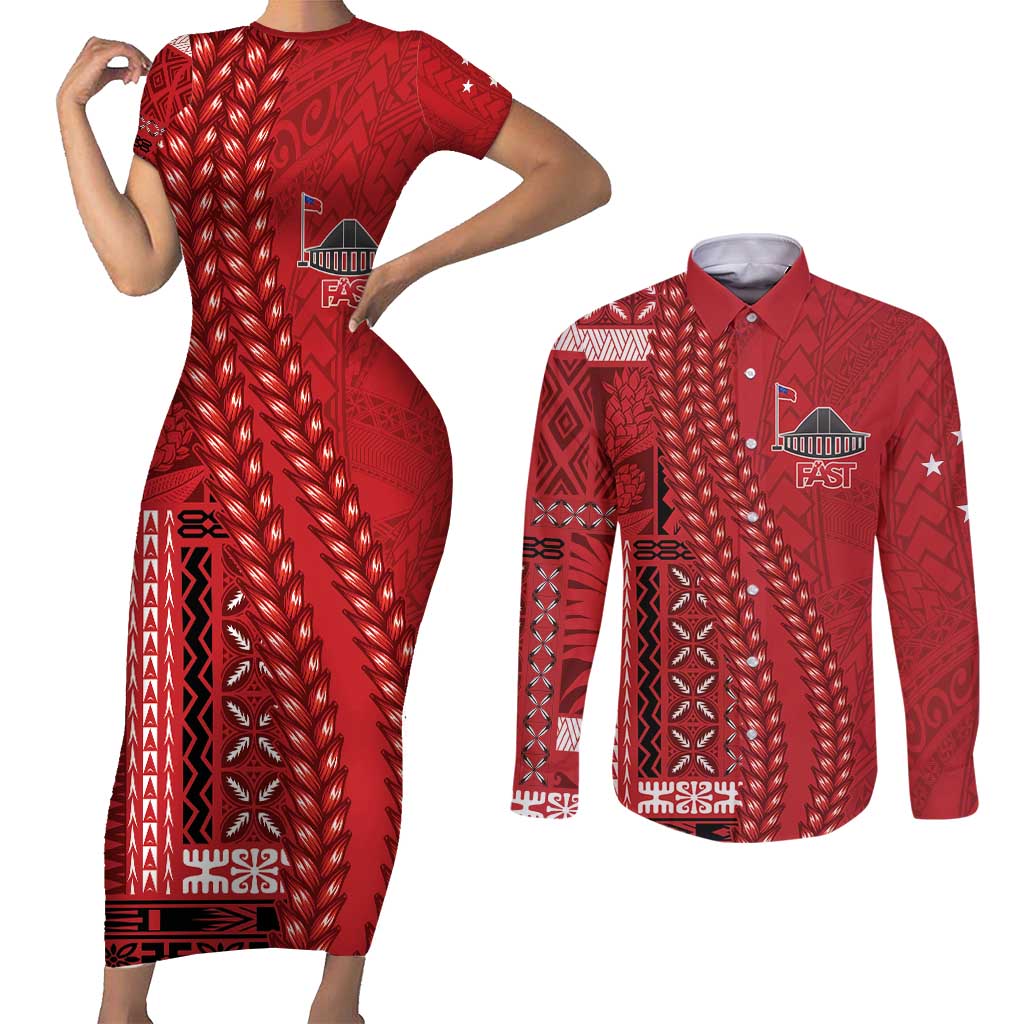 Samoa FAST Siapo Couples Matching Short Sleeve Bodycon Dress and Long Sleeve Button Shirt Tatau-Ulafala Vines LT7 Red - Polynesian Pride