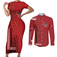 Samoa FAST Siapo Couples Matching Short Sleeve Bodycon Dress and Long Sleeve Button Shirt Tatau-Ulafala Vines LT7 Red - Polynesian Pride