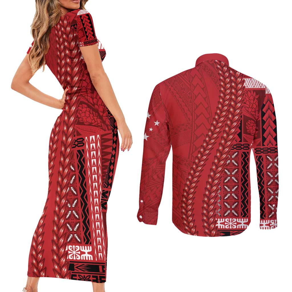 Samoa FAST Siapo Couples Matching Short Sleeve Bodycon Dress and Long Sleeve Button Shirt Tatau-Ulafala Vines LT7 - Polynesian Pride