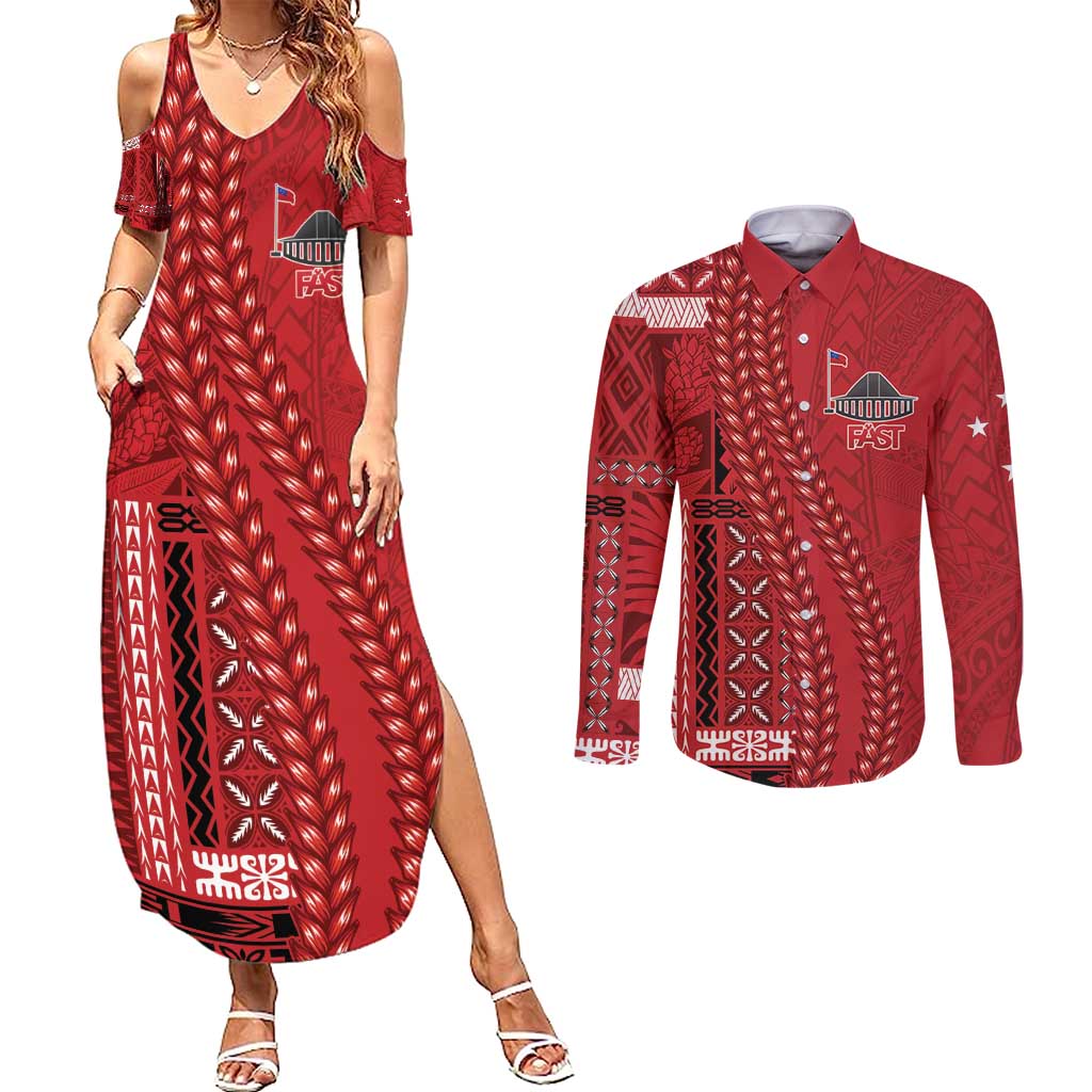 Samoa FAST Siapo Couples Matching Summer Maxi Dress and Long Sleeve Button Shirt Tatau-Ulafala Vines LT7 Red - Polynesian Pride