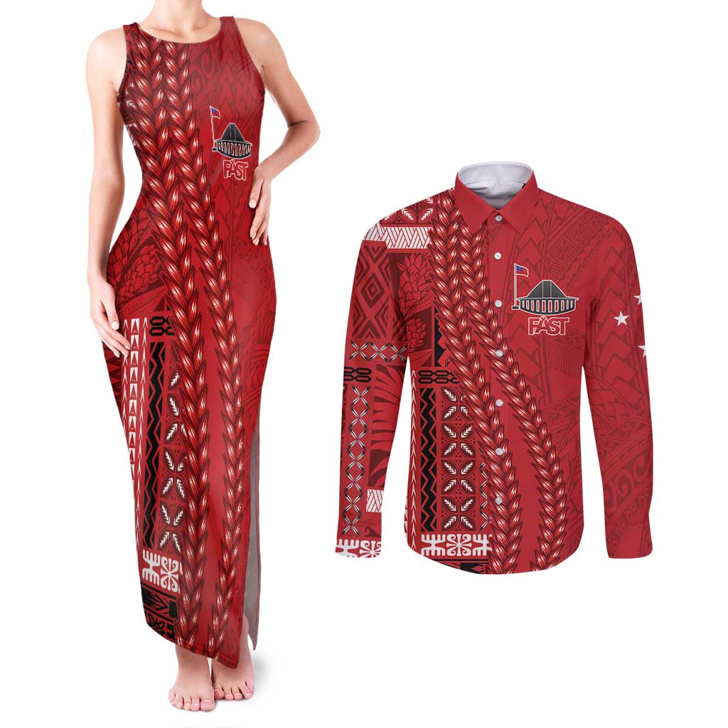 Samoa FAST Siapo Couples Matching Tank Maxi Dress and Long Sleeve Button Shirt Tatau-Ulafala Vines LT7 Red - Polynesian Pride