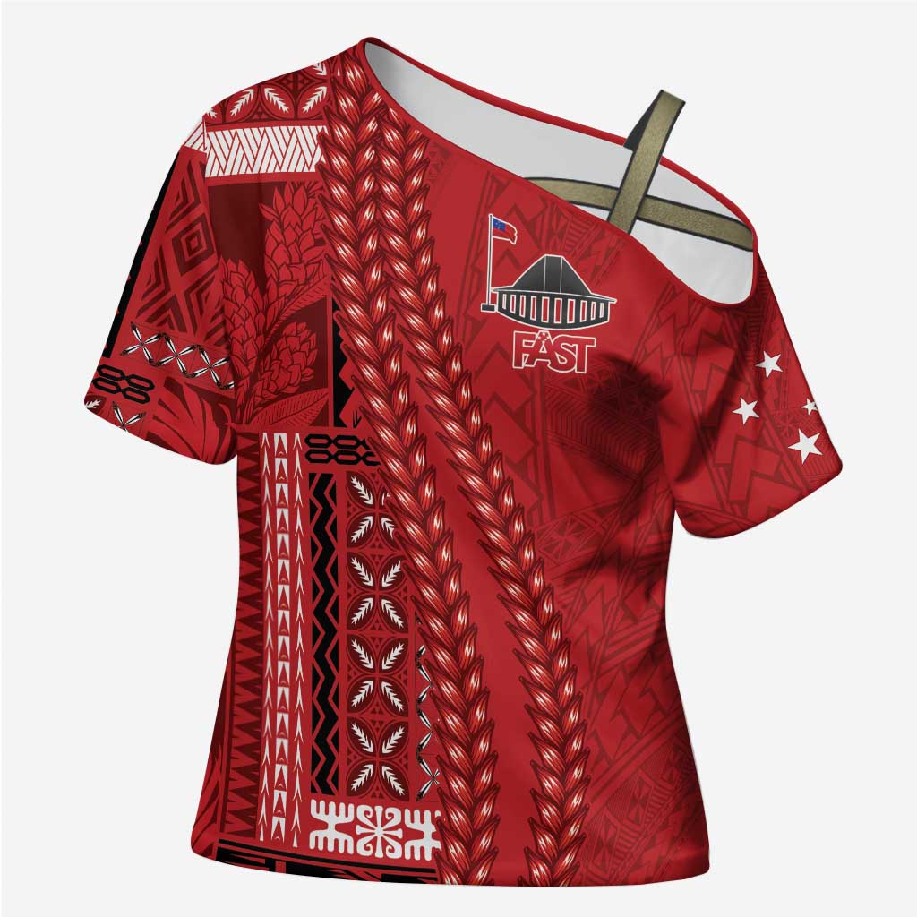 Samoa FAST Siapo Cross Shoulder Shirt Tatau-Ulafala Vines LT7 Female Red - Polynesian Pride