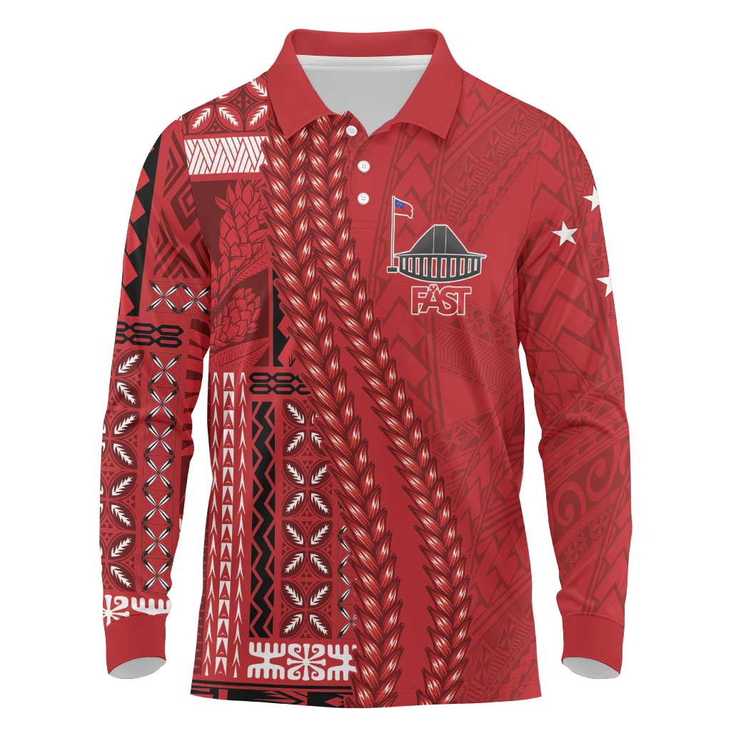 Samoa FAST Siapo Long Sleeve Polo Shirt Tatau-Ulafala Vines LT7 Red - Polynesian Pride