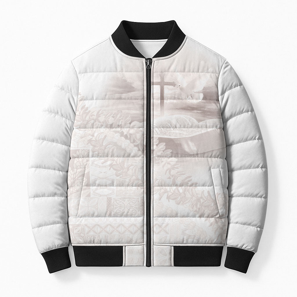 Samoa Lotu Tamaiti White Prayers Bomber Puffer Jacket Floral Mamanu Siapo LT7 Unisex White - Polynesian Pride