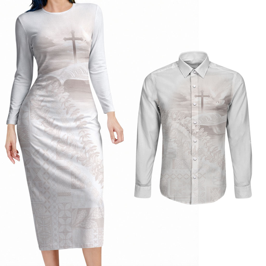 Samoa Lotu Tamaiti White Prayers Couples Matching Long Sleeve Bodycon Dress and Long Sleeve Button Shirt Floral Mamanu Siapo LT7 White - Polynesian Pride