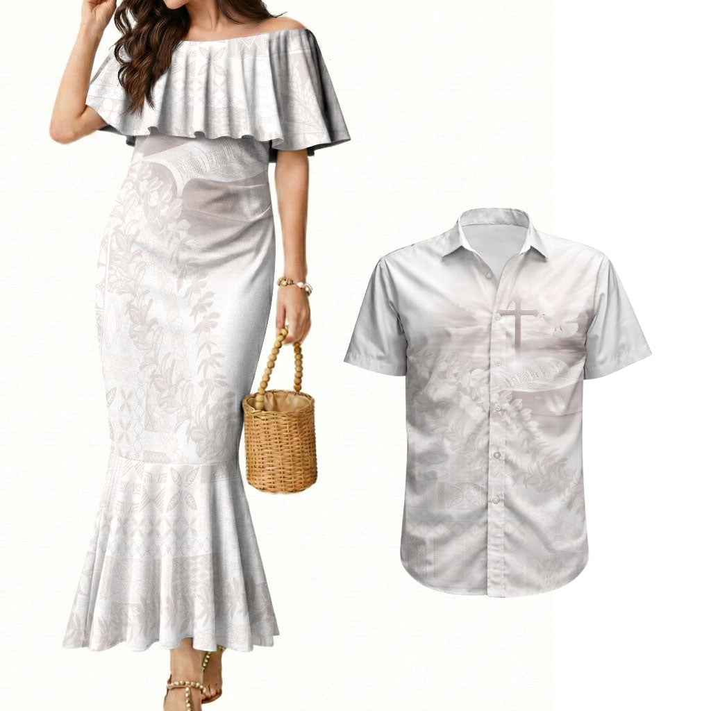 Samoa Lotu Tamaiti White Prayers Couples Matching Mermaid Dress and Hawaiian Shirt Floral Mamanu Siapo LT7 White - Polynesian Pride