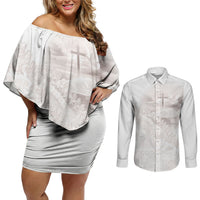 Samoa Lotu Tamaiti White Prayers Couples Matching Off Shoulder Short Dress and Long Sleeve Button Shirt Floral Mamanu Siapo LT7 White - Polynesian Pride