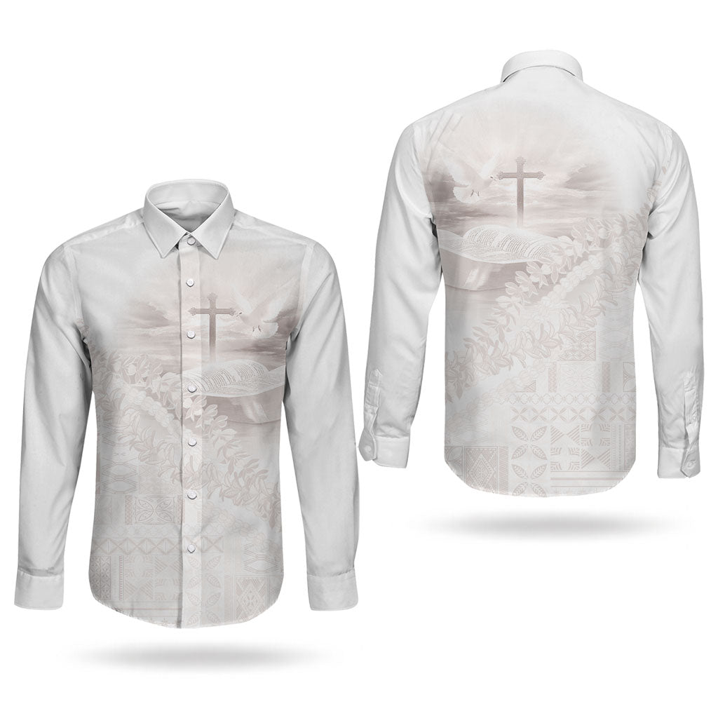 Samoa Lotu Tamaiti White Prayers Couples Matching Off Shoulder Short Dress and Long Sleeve Button Shirt Floral Mamanu Siapo LT7 - Polynesian Pride