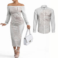 Samoa Lotu Tamaiti White Prayers Couples Matching Off The Shoulder Long Sleeve Dress and Long Sleeve Button Shirt Floral Mamanu Siapo LT7 White - Polynesian Pride