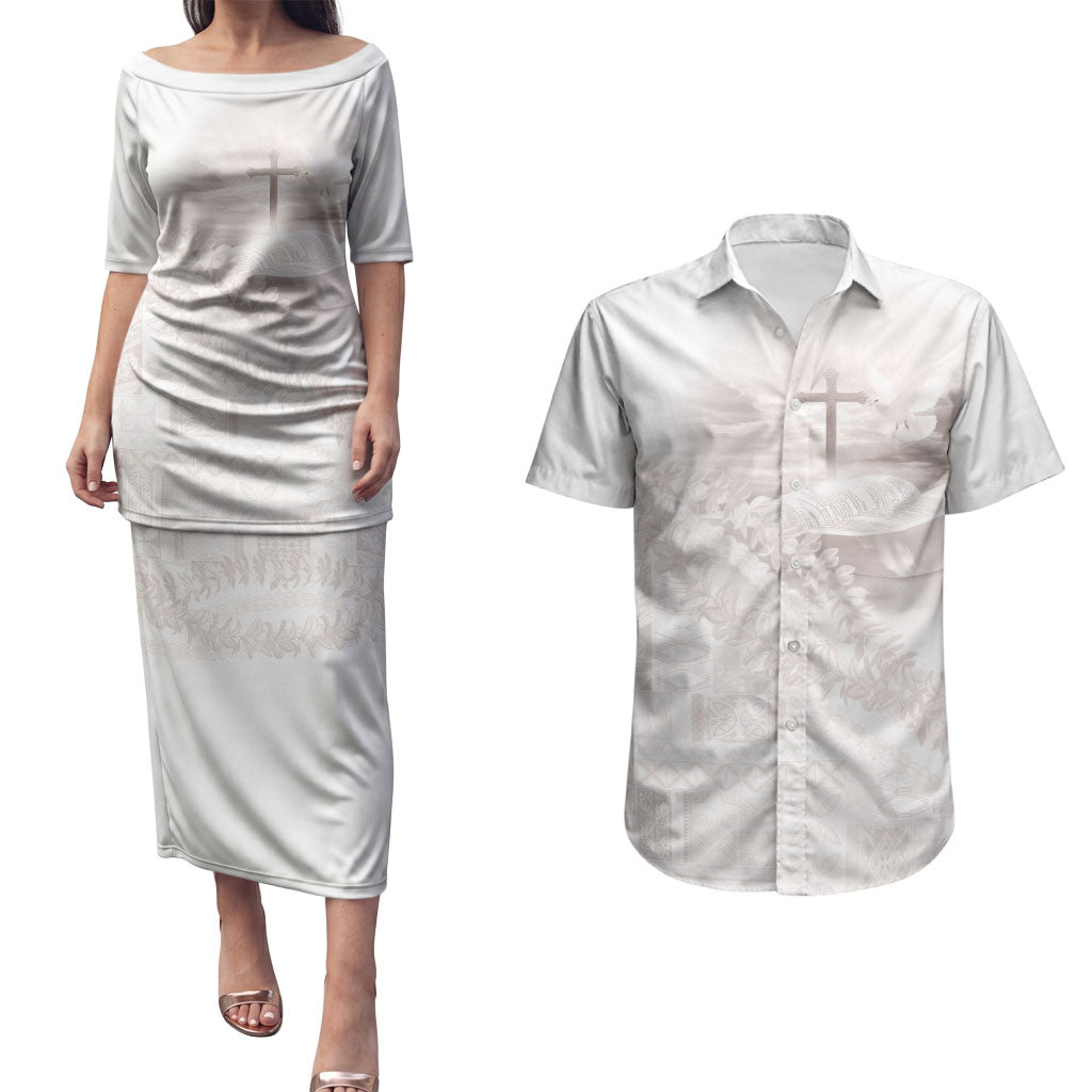 Samoa Lotu Tamaiti White Prayers Couples Matching Puletasi and Hawaiian Shirt Floral Mamanu Siapo LT7 White - Polynesian Pride