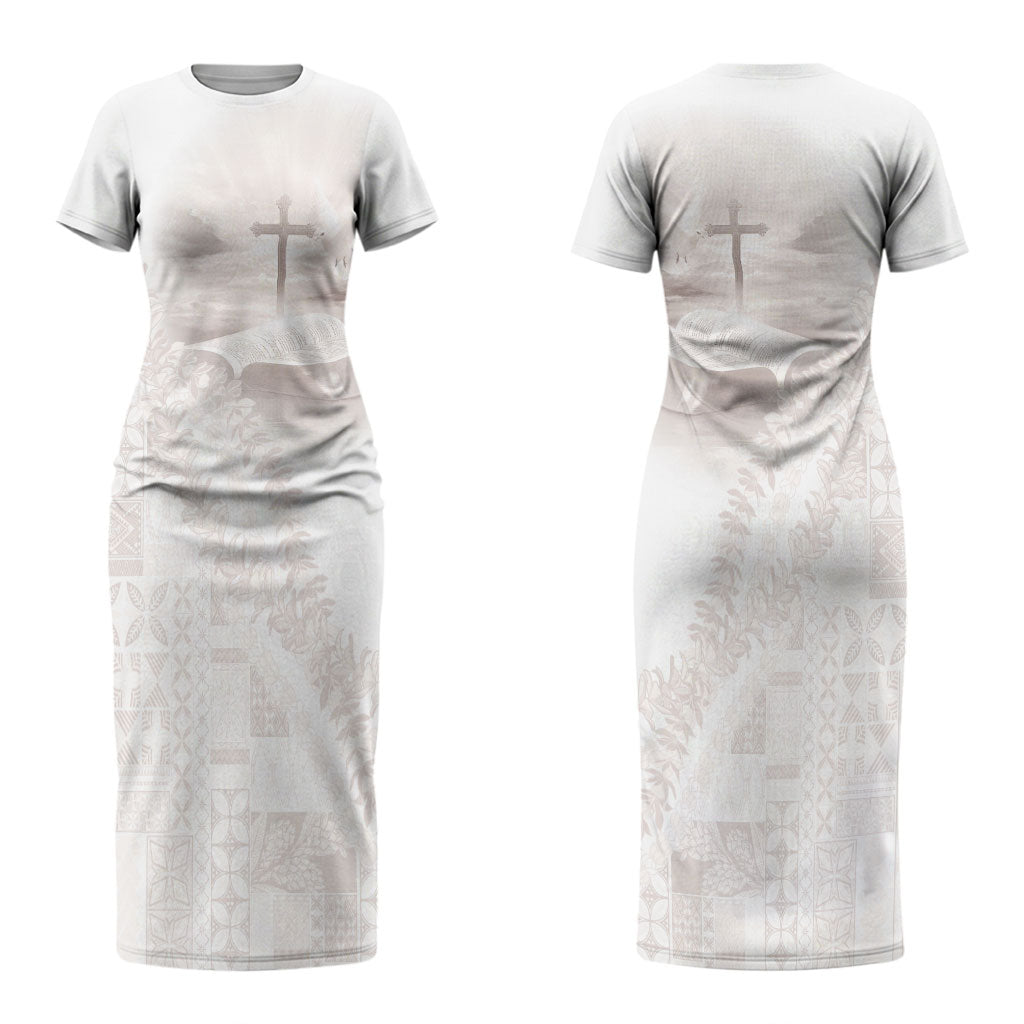 Samoa Lotu Tamaiti White Prayers Couples Matching Short Sleeve Bodycon Dress and Long Sleeve Button Shirt Floral Mamanu Siapo LT7 - Polynesian Pride