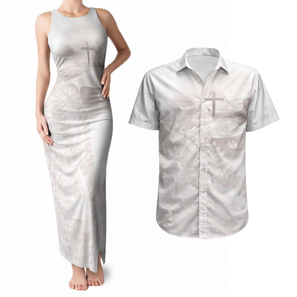 Samoa Lotu Tamaiti White Prayers Couples Matching Tank Maxi Dress and Hawaiian Shirt Floral Mamanu Siapo LT7 White - Polynesian Pride