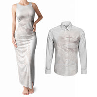 Samoa Lotu Tamaiti White Prayers Couples Matching Tank Maxi Dress and Long Sleeve Button Shirt Floral Mamanu Siapo LT7 White - Polynesian Pride