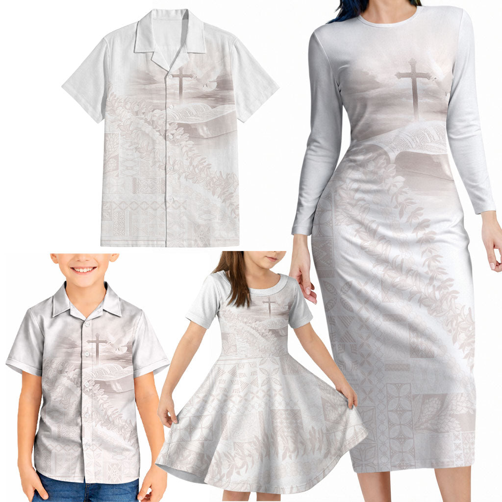 Samoa Lotu Tamaiti White Prayers Family Matching Long Sleeve Bodycon Dress and Hawaiian Shirt Floral Mamanu Siapo LT7 - Polynesian Pride
