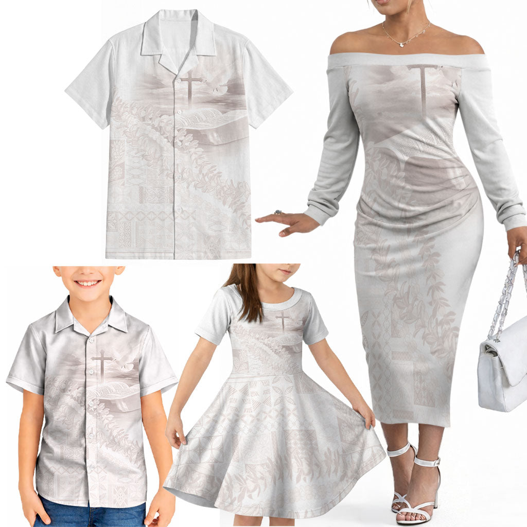 Samoa Lotu Tamaiti White Prayers Family Matching Off The Shoulder Long Sleeve Dress and Hawaiian Shirt Floral Mamanu Siapo LT7 - Polynesian Pride