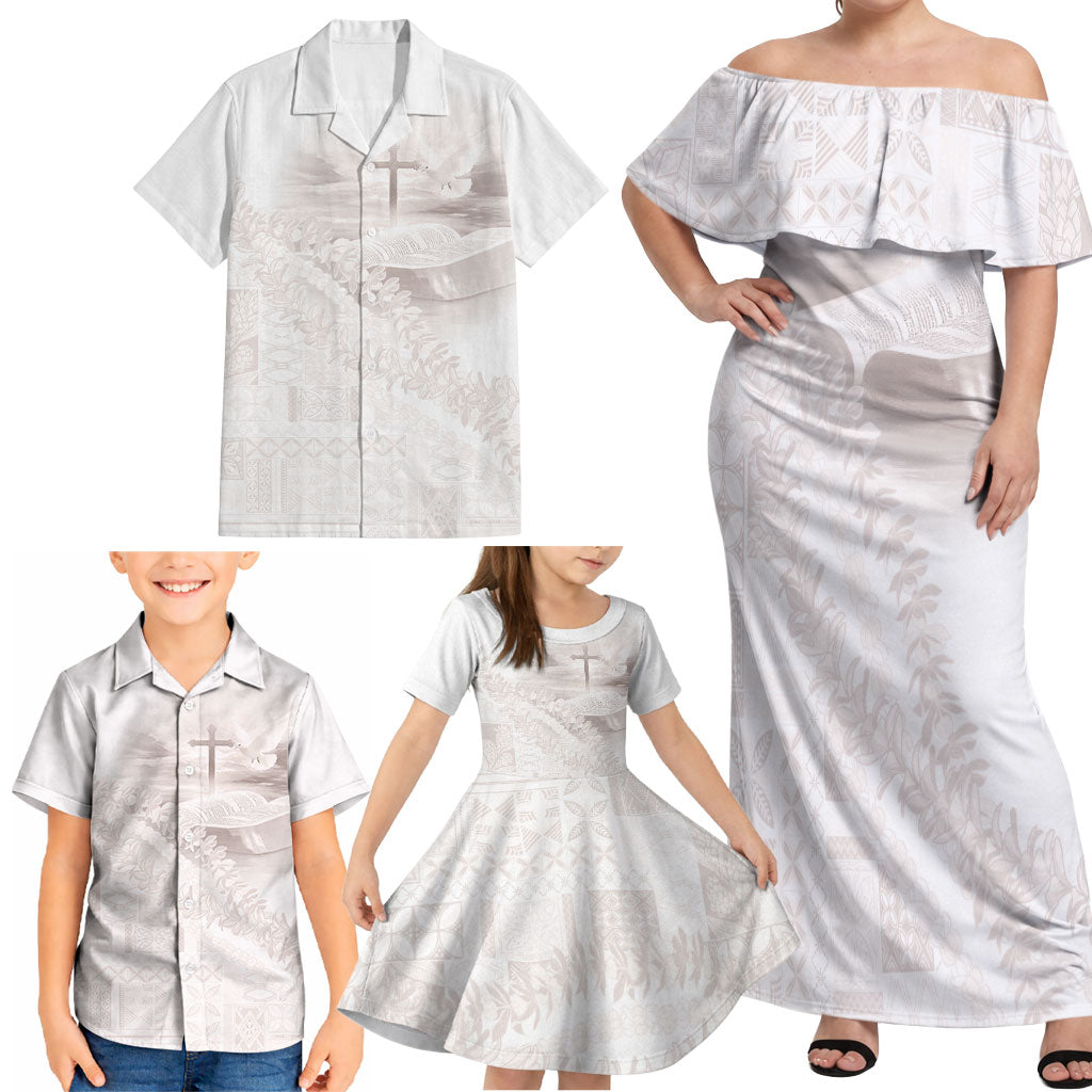 Samoa Lotu Tamaiti White Prayers Family Matching Off Shoulder Maxi Dress and Hawaiian Shirt Floral Mamanu Siapo LT7 - Polynesian Pride