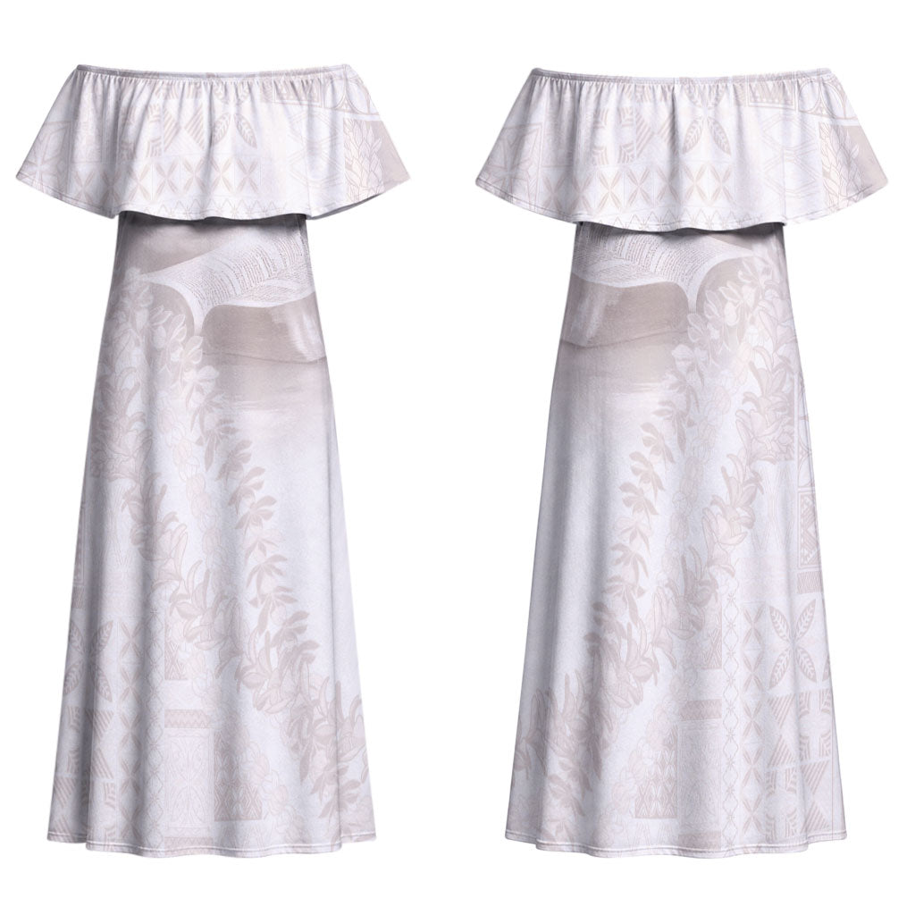 Samoa Lotu Tamaiti White Prayers Family Matching Off Shoulder Maxi Dress and Hawaiian Shirt Floral Mamanu Siapo LT7 Mom's Dress White - Polynesian Pride