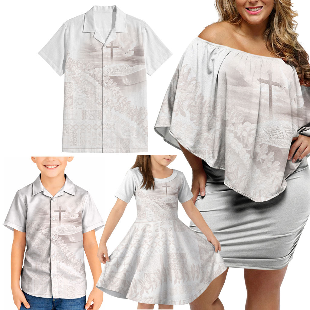 Samoa Lotu Tamaiti White Prayers Family Matching Off Shoulder Short Dress and Hawaiian Shirt Floral Mamanu Siapo LT7 - Polynesian Pride