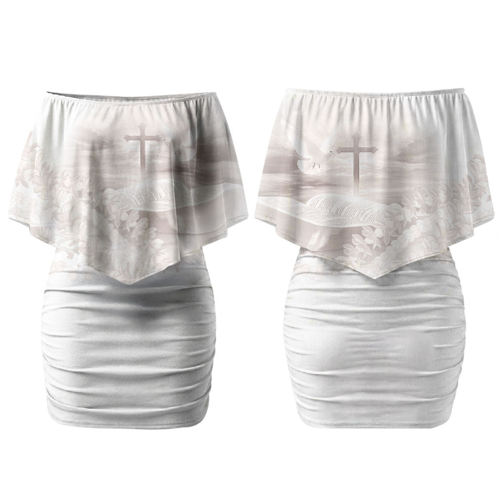 Samoa Lotu Tamaiti White Prayers Family Matching Off Shoulder Short Dress and Hawaiian Shirt Floral Mamanu Siapo LT7 Mom's Dress White - Polynesian Pride