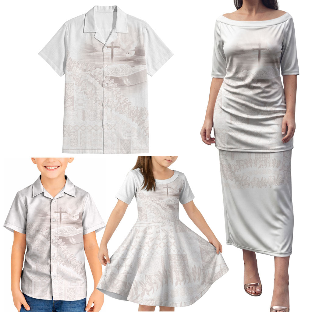 Samoa Lotu Tamaiti White Prayers Family Matching Puletasi and Hawaiian Shirt Floral Mamanu Siapo LT7 - Polynesian Pride