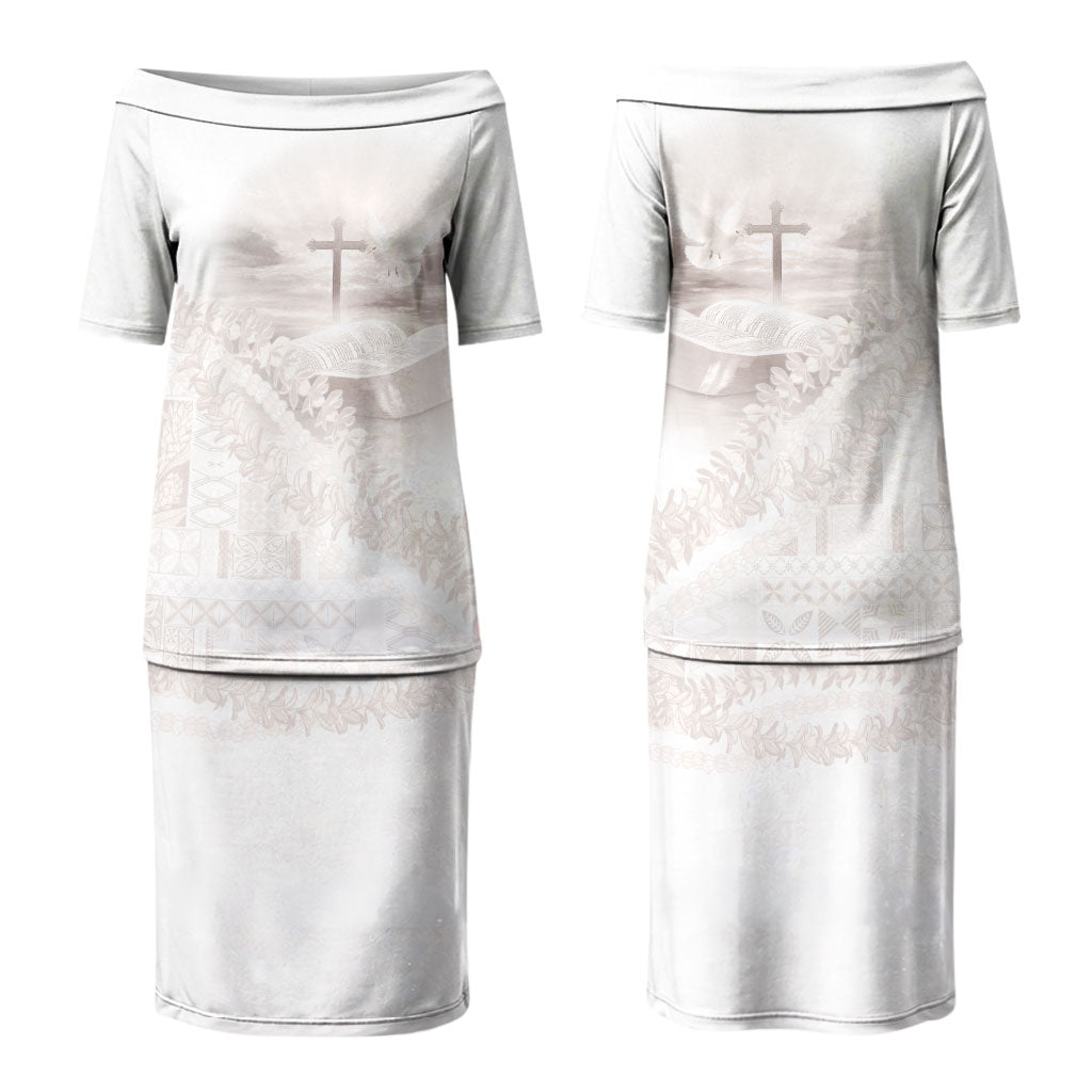 Samoa Lotu Tamaiti White Prayers Family Matching Puletasi and Hawaiian Shirt Floral Mamanu Siapo LT7 Mom's Dress White - Polynesian Pride