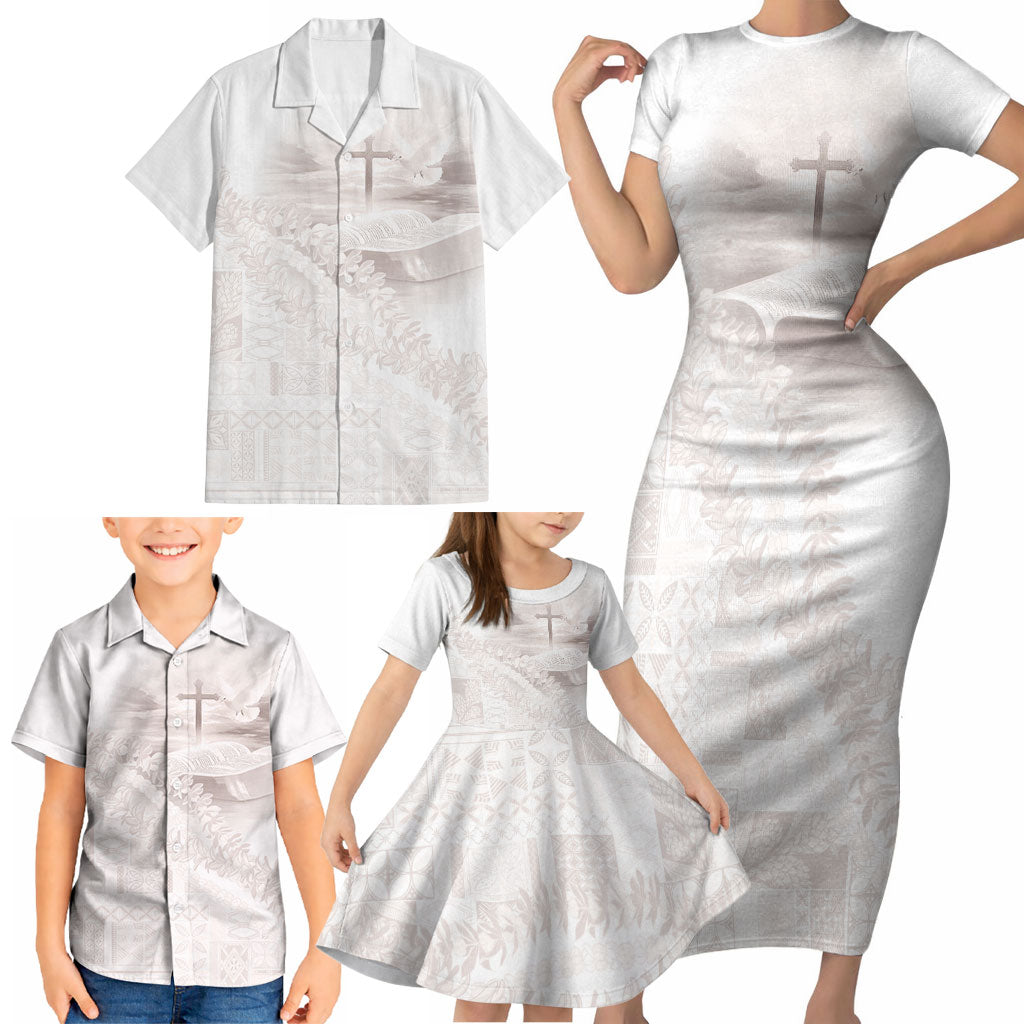 Samoa Lotu Tamaiti White Prayers Family Matching Short Sleeve Bodycon Dress and Hawaiian Shirt Floral Mamanu Siapo LT7 - Polynesian Pride