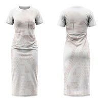 Samoa Lotu Tamaiti White Prayers Family Matching Short Sleeve Bodycon Dress and Hawaiian Shirt Floral Mamanu Siapo LT7 Mom's Dress White - Polynesian Pride