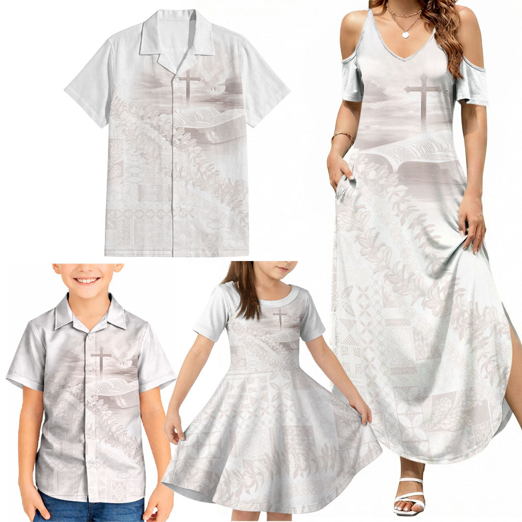 Samoa Lotu Tamaiti White Prayers Family Matching Summer Maxi Dress and Hawaiian Shirt Floral Mamanu Siapo LT7 - Polynesian Pride