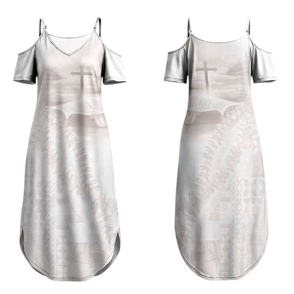 Samoa Lotu Tamaiti White Prayers Family Matching Summer Maxi Dress and Hawaiian Shirt Floral Mamanu Siapo LT7 Mom's Dress White - Polynesian Pride