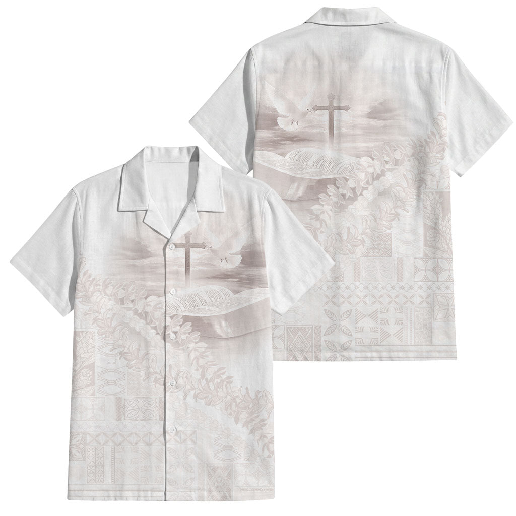 Samoa Lotu Tamaiti White Prayers Family Matching Summer Maxi Dress and Hawaiian Shirt Floral Mamanu Siapo LT7 Dad's Shirt - Short Sleeve White - Polynesian Pride