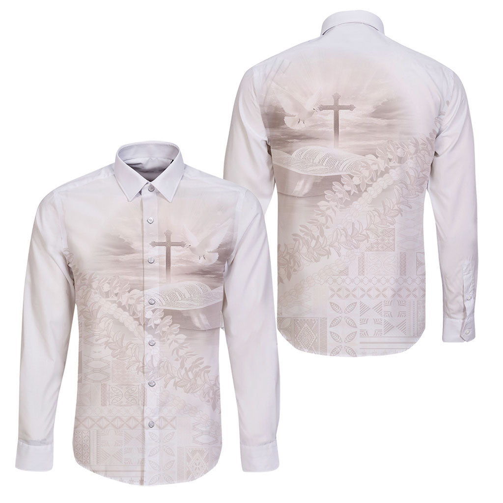 Samoa Lotu Tamaiti White Prayers Family Matching Summer Maxi Dress and Hawaiian Shirt Floral Mamanu Siapo LT7 Dad's Shirt - Long Sleeve White - Polynesian Pride