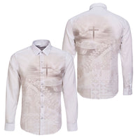 Samoa Lotu Tamaiti White Prayers Family Matching Summer Maxi Dress and Hawaiian Shirt Floral Mamanu Siapo LT7 Dad's Shirt - Long Sleeve White - Polynesian Pride
