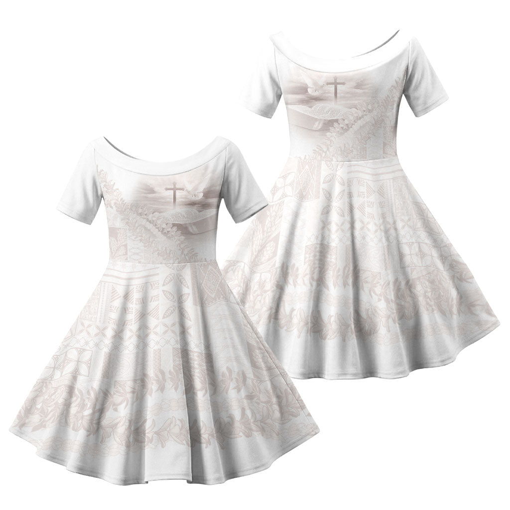 Samoa Lotu Tamaiti White Prayers Family Matching Summer Maxi Dress and Hawaiian Shirt Floral Mamanu Siapo LT7 Daughter's Dress White - Polynesian Pride