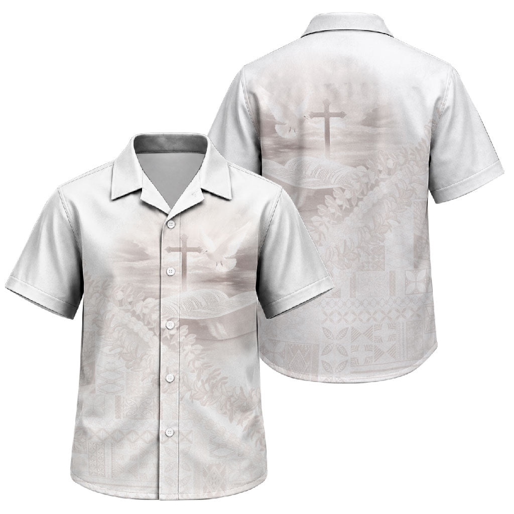 Samoa Lotu Tamaiti White Prayers Family Matching Summer Maxi Dress and Hawaiian Shirt Floral Mamanu Siapo LT7 Son's Shirt White - Polynesian Pride