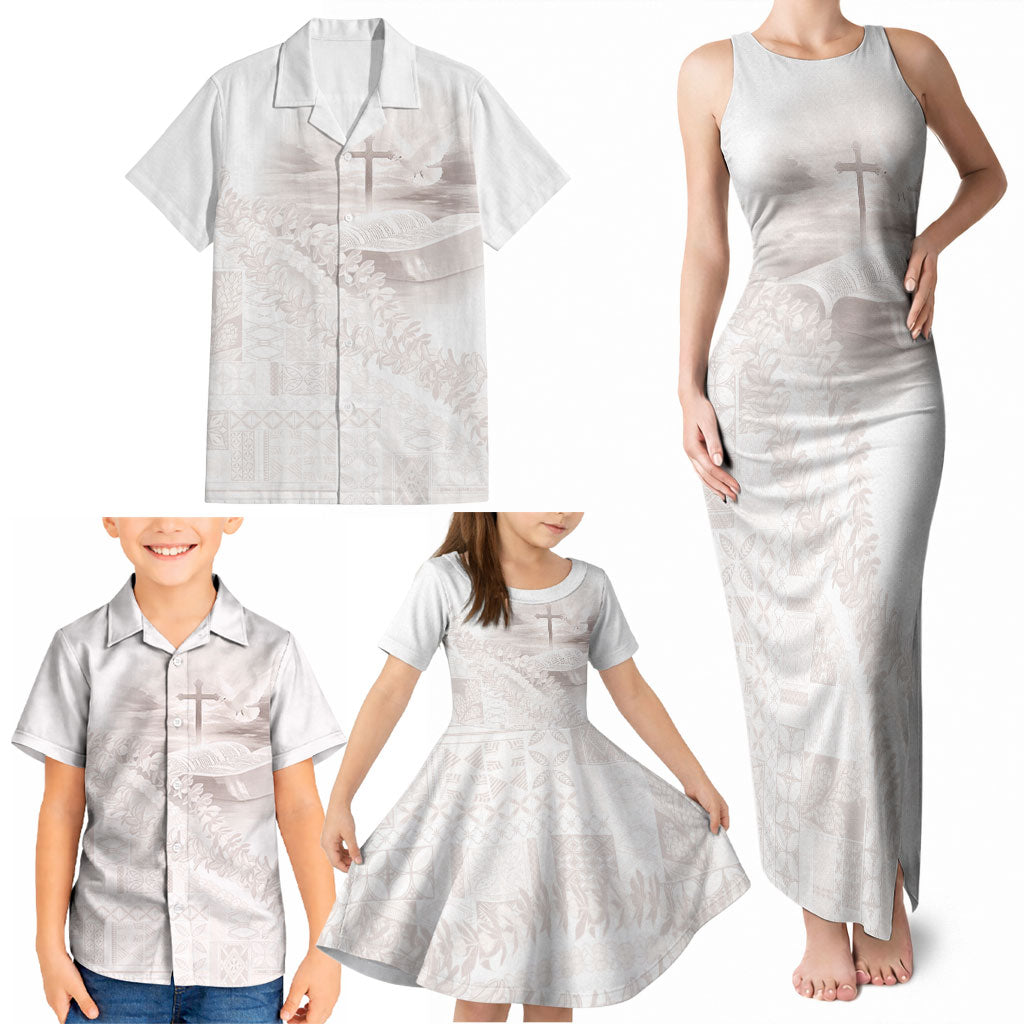 Samoa Lotu Tamaiti White Prayers Family Matching Tank Maxi Dress and Hawaiian Shirt Floral Mamanu Siapo LT7 - Polynesian Pride