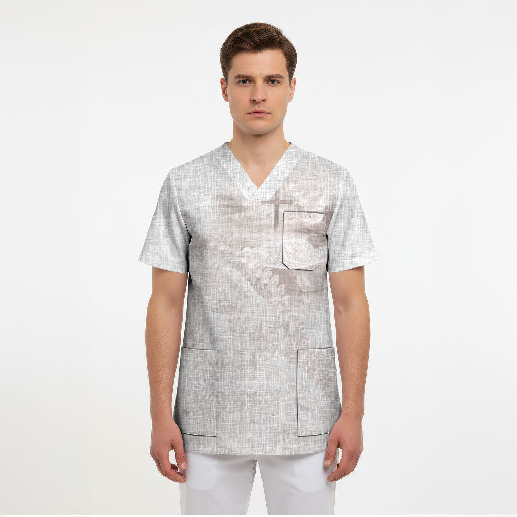 Samoa Lotu Tamaiti White Prayers Scrub Top Floral Mamanu Siapo LT7 - Polynesian Pride