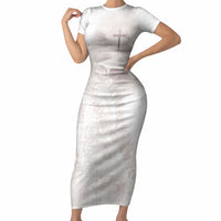 Samoa Lotu Tamaiti White Prayers Short Sleeve Bodycon Dress Floral Mamanu Siapo LT7 Long Dress White - Polynesian Pride