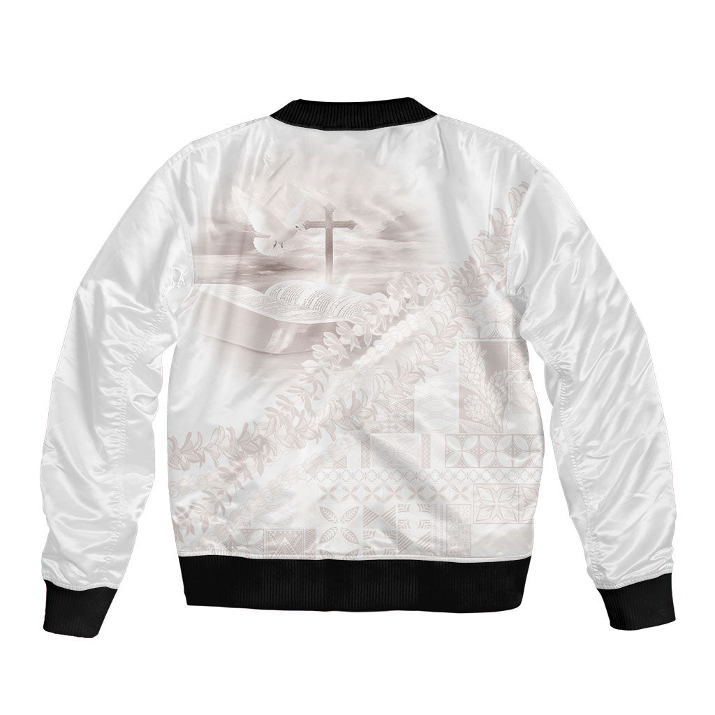 Samoa Lotu Tamaiti White Prayers Sleeve Zip Bomber Jacket Floral Mamanu Siapo LT7 - Polynesian Pride
