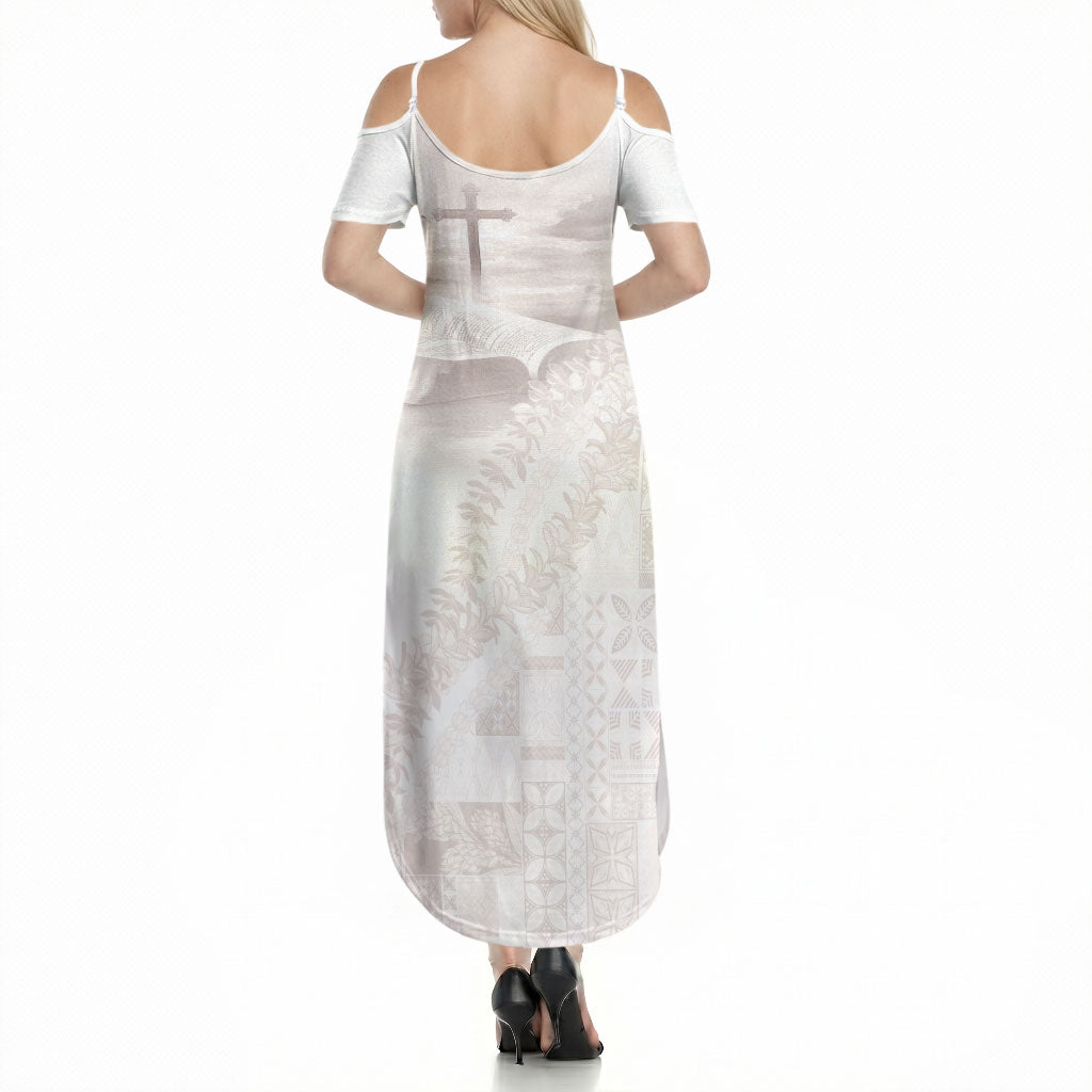 Samoa Lotu Tamaiti White Prayers Summer Maxi Dress Floral Mamanu Siapo LT7 - Polynesian Pride