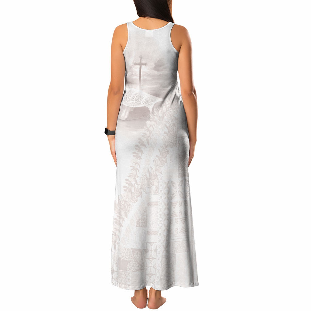 Samoa Lotu Tamaiti White Prayers Tank Maxi Dress Floral Mamanu Siapo LT7 - Polynesian Pride