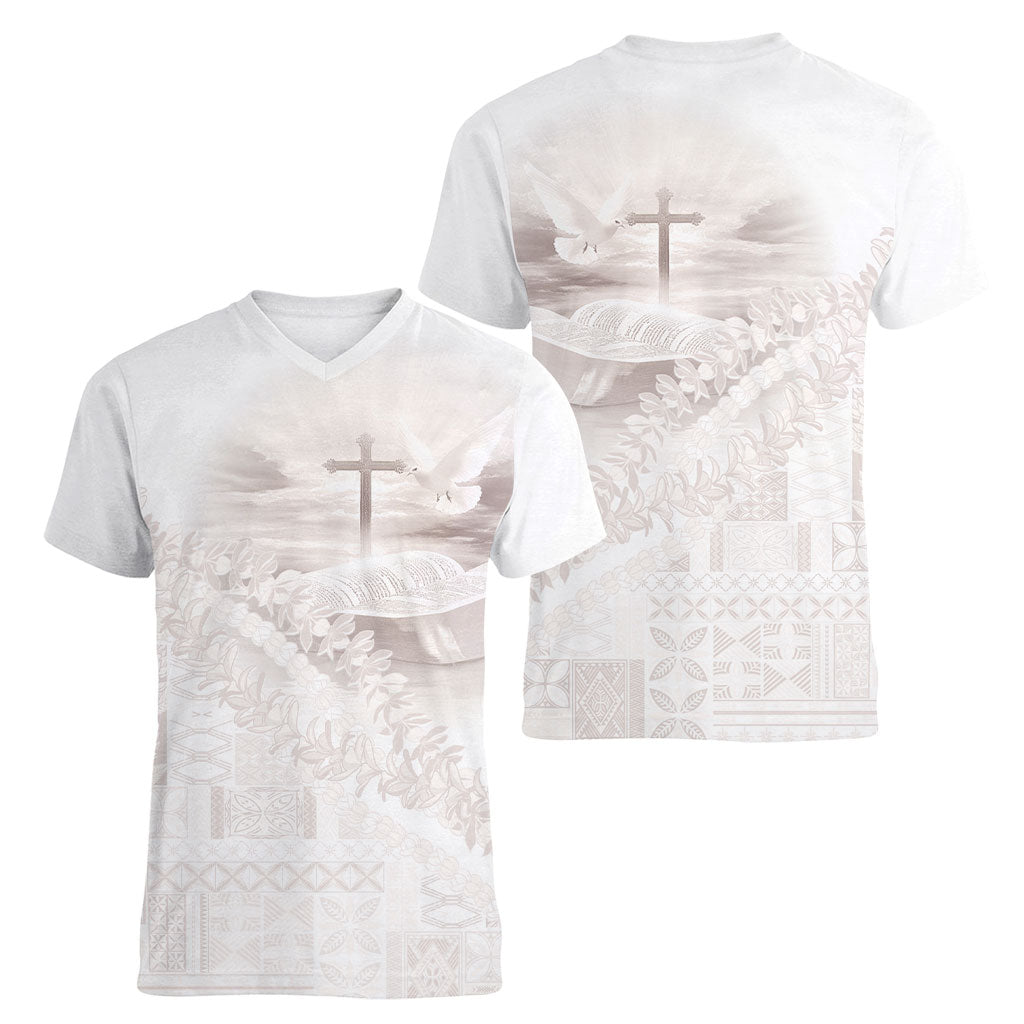 Samoa Lotu Tamaiti White Prayers Women V-Neck T-Shirt Floral Mamanu Siapo LT7 - Polynesian Pride