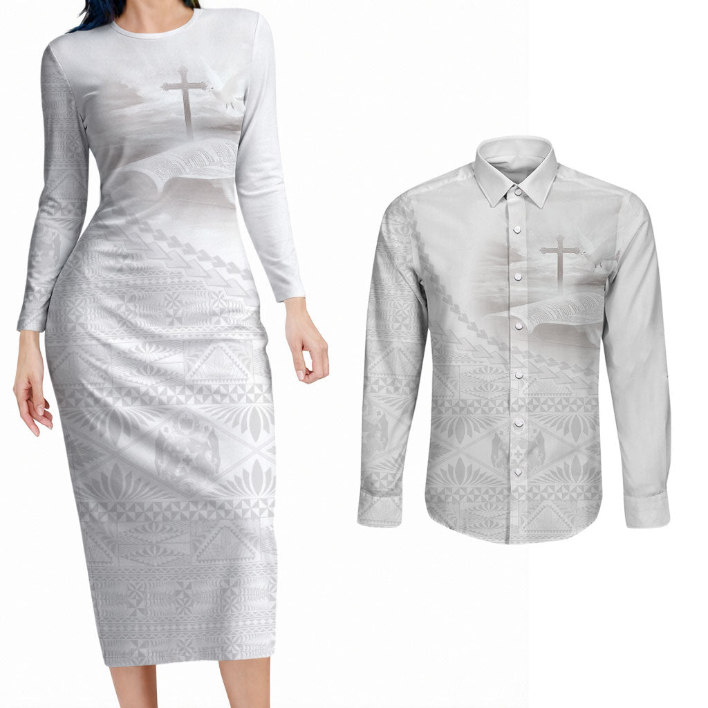 Tonga White Sunday Fakame Couples Matching Long Sleeve Bodycon Dress and Long Sleeve Button Shirt Tokelaufeletoa Kupesi LT7 White - Polynesian Pride