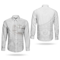 Tonga White Sunday Fakame Couples Matching Long Sleeve Bodycon Dress and Long Sleeve Button Shirt Tokelaufeletoa Kupesi LT7 - Polynesian Pride