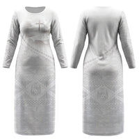 Tonga White Sunday Fakame Couples Matching Long Sleeve Bodycon Dress and Long Sleeve Button Shirt Tokelaufeletoa Kupesi LT7 - Polynesian Pride