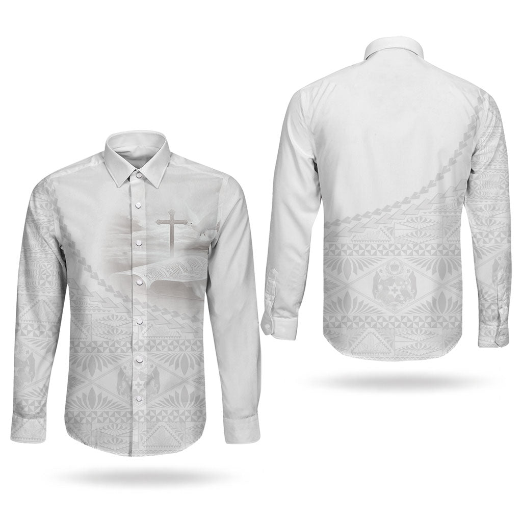 Tonga White Sunday Fakame Couples Matching Mermaid Dress and Long Sleeve Button Shirt Tokelaufeletoa Kupesi LT7 - Polynesian Pride