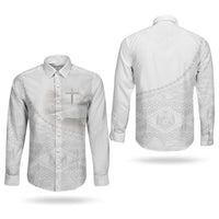 Tonga White Sunday Fakame Couples Matching Off Shoulder Maxi Dress and Long Sleeve Button Shirt Tokelaufeletoa Kupesi LT7 - Polynesian Pride