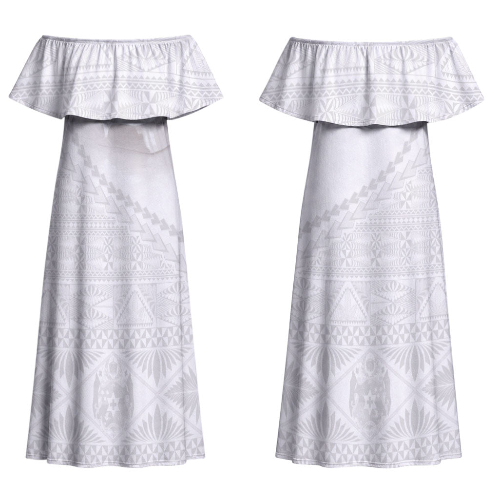 Tonga White Sunday Fakame Couples Matching Off Shoulder Maxi Dress and Long Sleeve Button Shirt Tokelaufeletoa Kupesi LT7 - Polynesian Pride