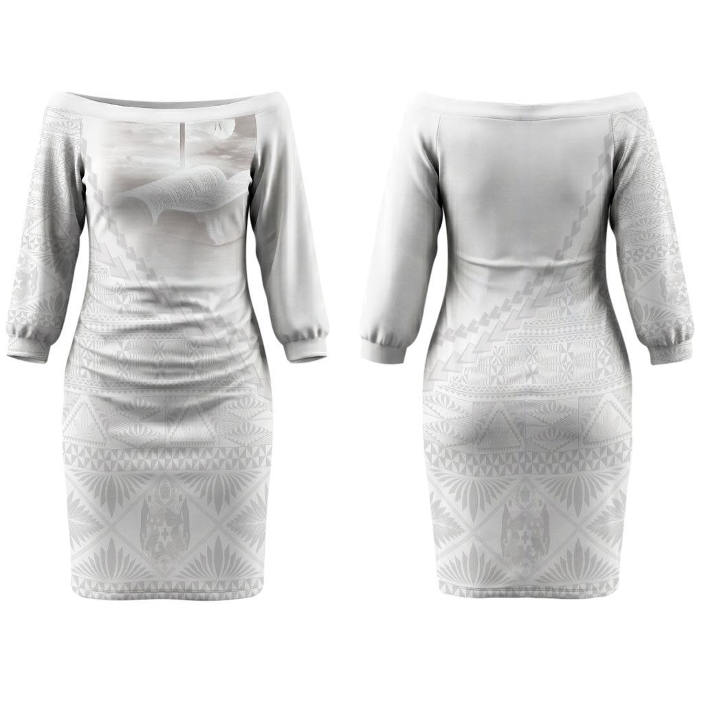 Tonga White Sunday Fakame Couples Matching Off The Shoulder Long Sleeve Dress and Long Sleeve Button Shirt Tokelaufeletoa Kupesi LT7 - Polynesian Pride