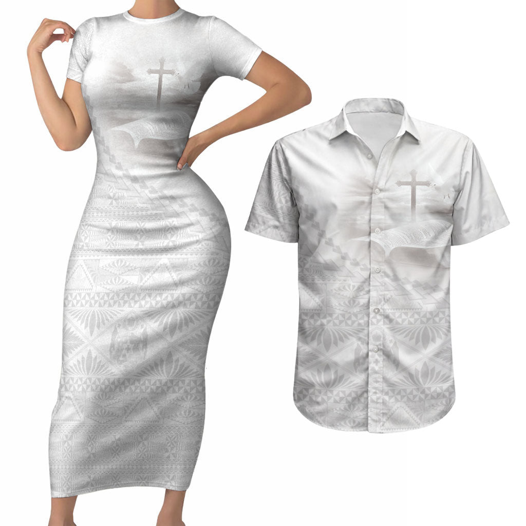Tonga White Sunday Fakame Couples Matching Short Sleeve Bodycon Dress and Hawaiian Shirt Tokelaufeletoa Kupesi LT7 White - Polynesian Pride